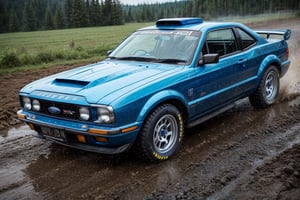 Rally cars, coupe, blue paint, (Ford), in the wild, rainy, dirt stained, front view, (masterpiece, best quality, extremely detailed), (realistic, photorealistic, high resolution) 