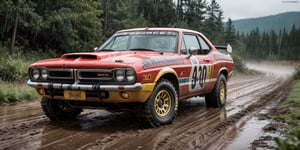 Rally car, (Dodge), in the wild, rainy, mud stained, front view, (masterpiece, best quality, extremely detailed), (realistic, photorealistic, high resolution) 