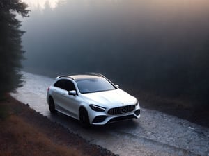 Realistic candid photo, hatchback car, brand Mercedes-AMG, gross white body, in the woods, stream, dawn, hazy, view from above,
