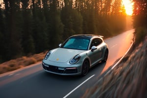 Realistic candid photo, hatchback car, brand Porsche, in the forest, dirt road, evening, sunset, view from top,