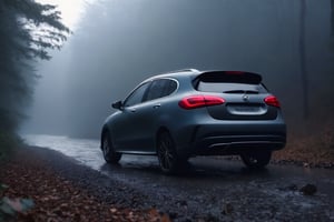 Realistic candid photo, hatchback car, brand Mercedes-Benz, gross body, in the woods, stream, dawn, foggy, view from back,
