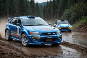 Rally cars, sports, blue paint, (Ford), in the wild, rainy, dirt stained, front view, (masterpiece, best quality, extremely detailed), (realistic, photorealistic, high resolution) 