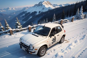 Rally car, (Fiat), in the mountains, snowy, dawn, (from top view), 