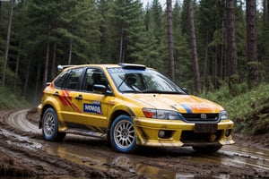 Rally cars, (Honda), in the forest, mud stained, front view, (masterpiece, best quality, extremely detailed), (realistic, photorealistic, high resolution) 