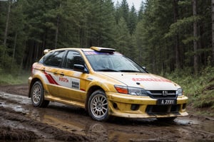 Rally cars, (Honda), in the forest, mud stained, front view, (masterpiece, best quality, extremely detailed), (realistic, photorealistic, high resolution) 