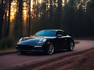 Realistic candid photo, hatchback car, brand Porsche, matte black, in the forest, dirt road, evening, sunset, view from side,
