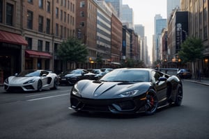 hyper cars, in the city, black paint, morning, (masterpiece, best quality, highly detailed) 