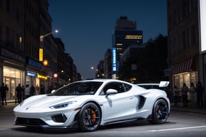 hyper cars, in the city, white paint, night, front view, (masterpiece, best quality, highly detailed) 