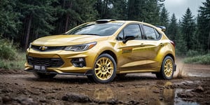 Rally car, hatchback, gold paint, (Chevrolet), in the wild, rainy, dirt stained, front view, (masterpiece, best quality, extremely detailed), (realistic, photorealistic, high resolution) 