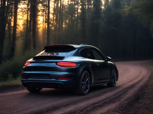 Realistic candid photo, hatchback car, brand Porsche, matte black, in the forest, dirt road, evening, sunset, view from back,
