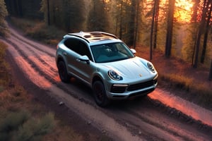 Realistic candid photo, SUV car, brand Porsche, matte silver body, all-terrain-tire, in the forest, dirt road, evening, sunset, view from above,
