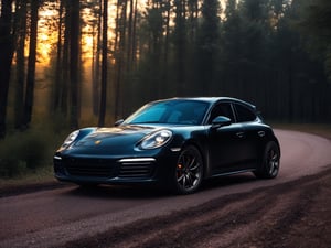 Realistic candid photo, hatchback car, brand Porsche, matte black, in the forest, dirt road, evening, sunset, view from front,
