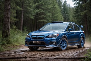 Rally cars, dark blue paint, (Subaru), in the woods, mud stained, front view, (masterpiece, best quality, extremely detailed), (realistic, photorealistic, high resolution) 