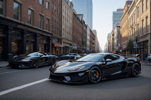 hyper cars, in the city, black paint, morning, (masterpiece, best quality, highly detailed) 