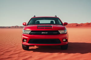 Realistic candid photo, view from front, hatchback car, brand Dodge, red gross paint, in the desert, suuny, best quality, masterpiece, highly detailed shadows,
