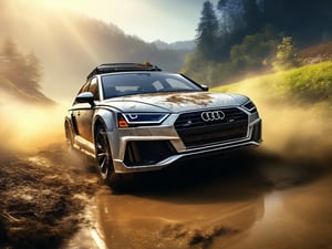 Rally car, (Audi), in the valley, mud stained, morning, sunny, (under view), (realistic, photo, photorealistic)