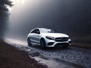 Realistic candid photo, hatchback car, brand Mercedes-AMG, gross white body, in the woods, stream, dawn, hazy, view from side,
