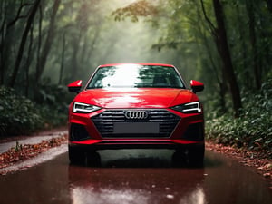 Realistic candid photo, view from front, hatchback car, brand AUDI, gross red body, in the jungle, morning light, high shadow detail,
