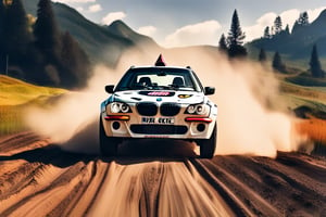 front view, rally car, brand BMW, in the wild, dirt road, noon,