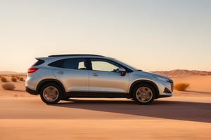 Realistic candid photo, view from side, hatchback car, brand Chevrolet, gross body, in the desert, morning, high shadow detail,
