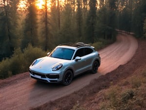 Realistic candid photo, hatchback car, brand Porsche, matte silver body, all-terrain-tire, in the forest, dirt road, evening, sunset, view from top,
