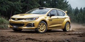 Rally car, hatchback, gold paint, (Chevrolet), in the wild, rainy, dirt stained, front view, (masterpiece, best quality, extremely detailed), (realistic, photorealistic, high resolution) 