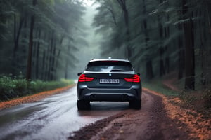 Realistic candid photo, hatchback car, brand BMW, in the forest, dirt road, noon, rainy, view from back,
