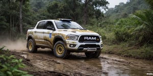 Rally car, (RAM), in the jungle, foggy, mud stained, front angle, (masterpiece, best quality, extremely detailed), (realistic, photorealistic, high resolution) 