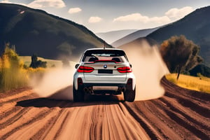 back view, rally car, brand BMW, in the wild, dirt road, noon,