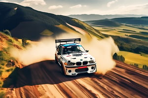 above view, rally car, brand BMW, in the wild, dirt road, noon,