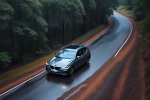 Realistic candid photo, hatchback car, brand BMW, in the forest, dirt road, noon, rainy, view from top,
