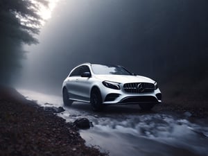 Realistic candid photo, hatchback car, brand Mercedes-AMG, gross white body, in the woods, stream, dawn, hazy, view from below,
