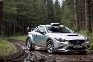 Rally cars, coupe, silver paint, (Mazda), in the woods, mud stained, front view, (masterpiece, best quality, extremely detailed), (realistic, photorealistic, high resolution) 