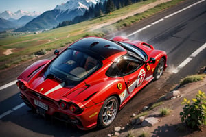 Rally car, (Ferrari), in the mountains, muddy, night time, (from back view), 