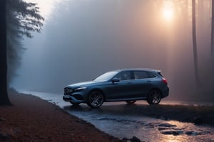 Realistic candid photo, hatchback car, brand Mercedes-Benz, gross body, in the woods, stream, dawn, foggy, view from side,
