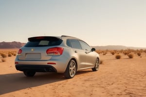 Realistic candid photo, view from back, hatchback car, brand Chevrolet, gross body, in the desert, morning, high shadow detail,
