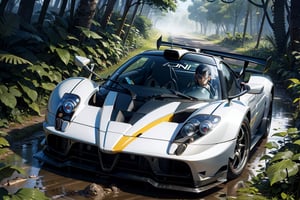 Rally car, (Pagani), in the jungle, muddy, night, (from front view), 