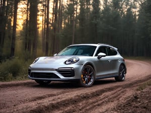 Realistic candid photo, hatchback car, brand Porsche, matte silver body, all-terrain-tire, in the forest, dirt road, evening, sunset, view from low,
