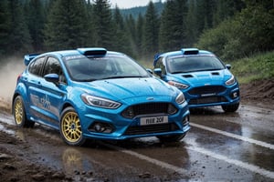 Rally cars, hatchback, blue paint, (Ford), in the wild, rainy, dirt stained, front view, (masterpiece, best quality, extremely detailed), (realistic, photorealistic, high resolution) 