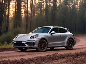 Realistic candid photo, hatchback car, brand Porsche, matte silver body, all-terrain-tire, in the forest, dirt road, evening, sunset, view from side,
