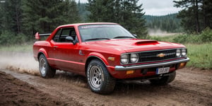 Rally car, coupe, red paint, (Chevrolet), in the wild, rainy, dirt stained, front view, (masterpiece, best quality, extremely detailed), (realistic, photorealistic, high resolution) 