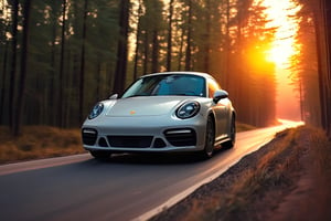 Realistic candid photo, hatchback car, brand Porsche, in the forest, dirt road, evening, sunset, view from low,
