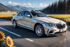 Rally car, (Maybach), in the wild, sunsrt, evening, (from bottom view), 