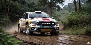 Rally car, (RAM), in the jungle, foggy, mud stained, front angle, (masterpiece, best quality, extremely detailed), (realistic, photorealistic, high resolution) 