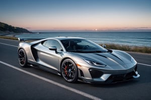 hyper cars, in the road, sea, silver paint, sunset, front view, (masterpiece, best quality, highly detailed) 