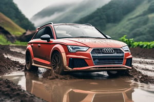 Rally car, hatchback, red body, (Audi), in the valley, dirt, mud, morning, rainy, (low view), (realistic, photo, photorealistic)