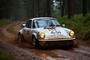 Rally car, (Porsche), in the wild, mud stained, rainy, night, 