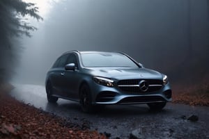 Realistic candid photo, hatchback car, brand Mercedes-Benz, gross body, in the woods, stream, dawn, foggy, view from front,
