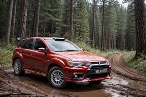 Rally cars, dark red paint, (Mitsubishi), in the woods, mud stained, front view, (masterpiece, best quality, extremely detailed), (realistic, photorealistic, high resolution) 