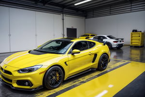 sport cars, in the factory, yellow paint, back view, (masterpiece, best quality, highly detailed) 